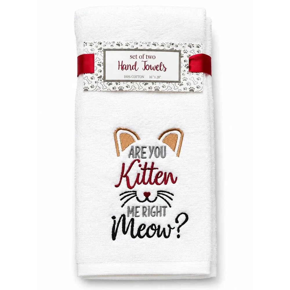 Cat Kitten Hand Towels Set of 2 Meow Whiskers Embroidered Cotton 16x28 Pet